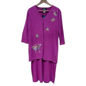 Vintage 2 Pc Butterfly Sequin Cardigan Maxi Dress Set L Linen Cotton